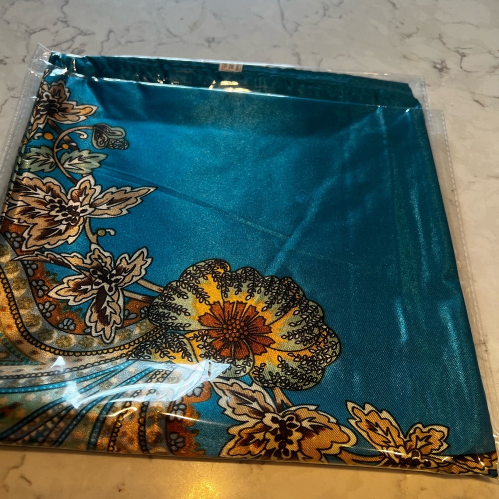 Teal Floral Satin Scarf - 35”